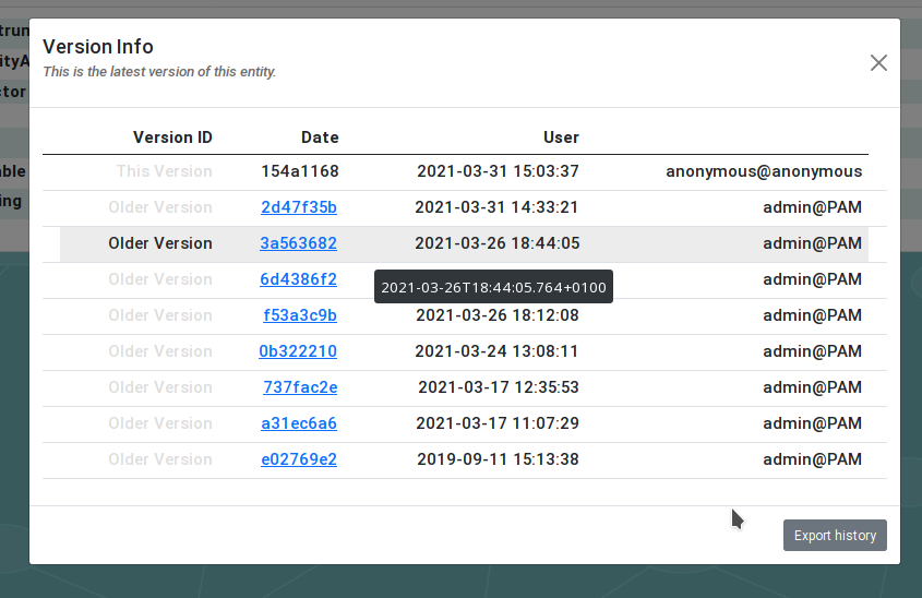 Ein Screenshot der vollständigen Versionsgeschichte einer Entität.