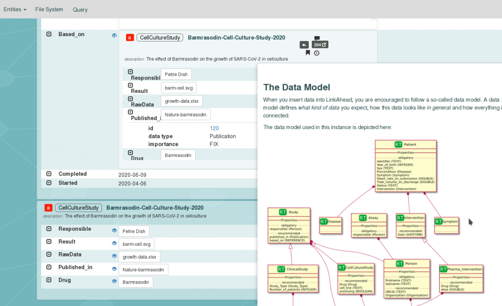 Das Webinterface von LinkAhead mit Erklärung des semantischen Datenmodells.