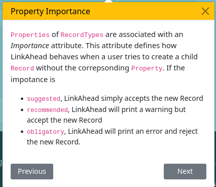 Screenshot of LinkAhead's help on one aspect of the flexible data model: Importances of Properties.