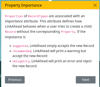 Screenshot der Hilfe von LinkAhead zu einem Aspekt des flexiblen Datenmodells: Die Wichtigkeit ("Importance") von Eigenschaften.