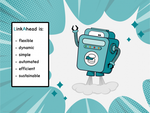 2sceneLAeng Comic with LinkAhead robot who presents advatages.