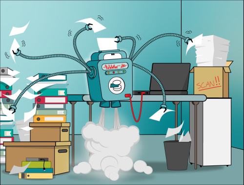Comic with LinkAhead robot who is cleaning up the data chaos automatically.