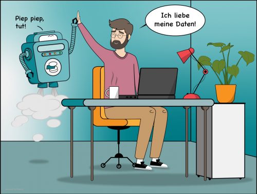 4sceneHAPPY Comic mit LinkAhead Roboter und Wissenschaftler, die glücklich einschlagen.