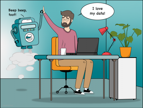 4sceneHAPPYeng Comic with LinkAhead robot and scientist who strike happily.